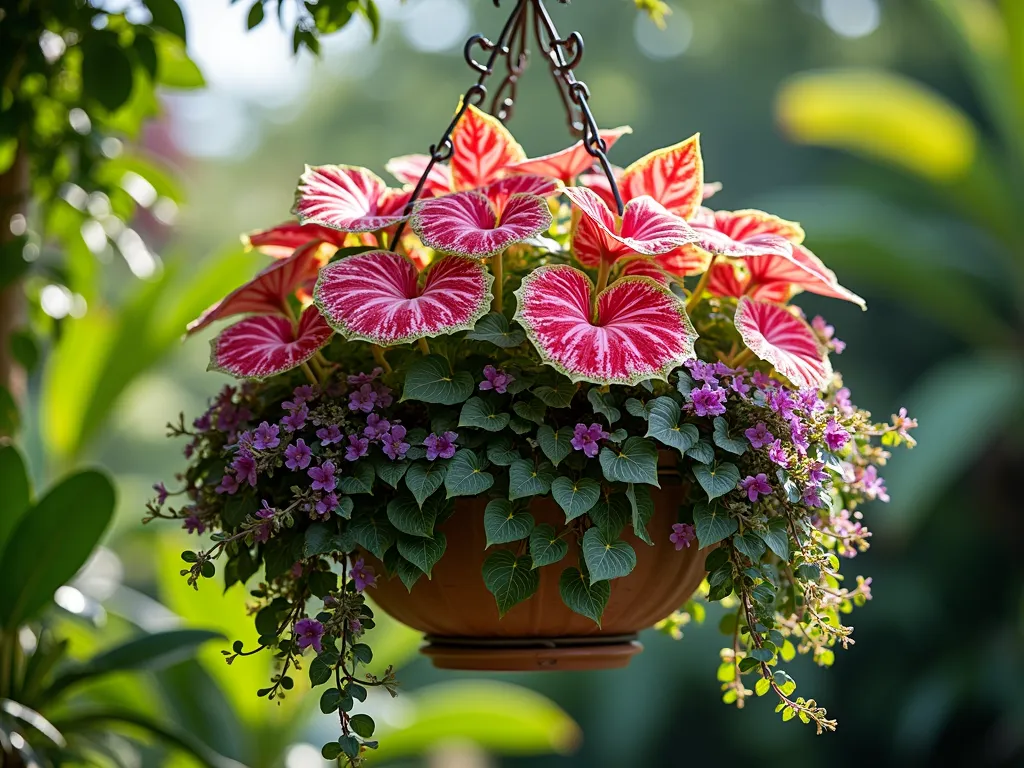 Elegant Caladium Hanging Basket Display - A lush hanging basket photographed at eye level, featuring vibrant red and white fancy-leaf caladiums as the centerpiece, surrounded by cascading silver falls dichondra and purple sweet potato vine. The caladium's large, heart-shaped leaves create a dramatic focal point against a softly blurred tropical garden background. Natural sunlight filters through the leaves, creating a ethereal glow on the variegated foliage. The basket is suspended from a decorative wrought iron hook against a backdrop of green foliage.