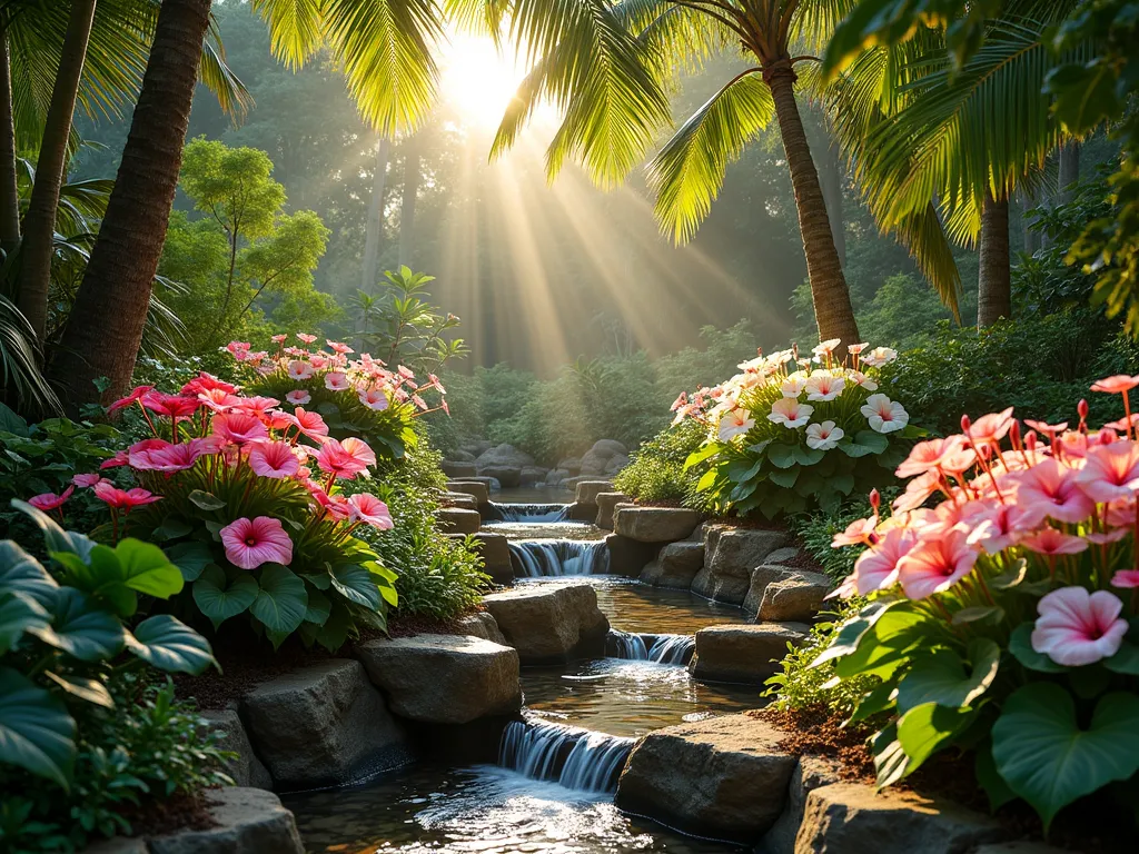 Tropical Caladium Rain Garden Paradise - A lush tropical rain garden photographed during golden hour, featuring vibrant pink and white caladiums planted on gentle slopes and raised mounds. Water trickles through a natural-looking stream bed below, surrounded by cascading ferns, elephant ears, and native moisture-loving plants. Dappled sunlight filters through overhead palm fronds, creating an ethereal atmosphere. The caladiums' large, heart-shaped leaves catch water droplets, glistening in the warm light. The garden has multiple levels with natural stone retaining walls, creating a harmonious flow that mimics a rainforest floor. Photorealistic, high detail, landscape photography style, f/8, soft natural lighting.