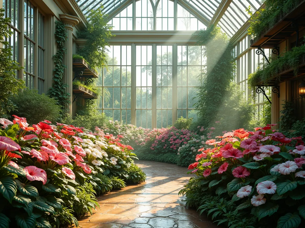 Lush Tropical Greenhouse Caladium Display - A sun-drenched Victorian-style greenhouse interior with towering glass panels, filled with layers of vibrant caladiums in pink, white, and red. Dramatic Elephant Ear caladiums create a canopy effect over smaller, delicate fantasy varieties. Mist-covered tropical plants including ferns and philodendrons create depth, while sunlight streams through the glass ceiling creating ethereal rays. The greenhouse features elegant wrought iron shelving displaying cascading plants, with a natural stone pathway winding through the display. Photorealistic, high detail, soft natural lighting, botanical garden aesthetic.