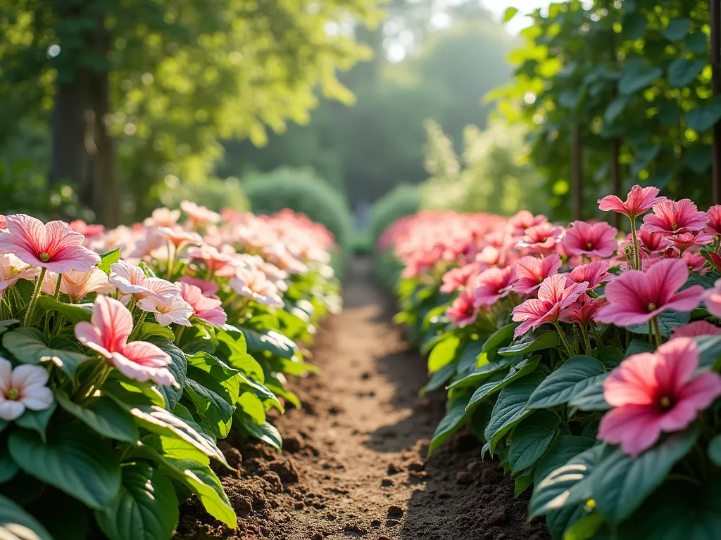 Caladium-Bordered Vegetable Garden - A sunlit garden scene featuring neat rows of vegetables bordered by lush pink and white caladiums. The caladiums' large heart-shaped leaves in varying shades create a dramatic tropical border, elegantly separating the vegetable beds from a garden path. Tomato plants and leafy greens visible in the background, while the caladiums' foliage gracefully frames the scene with their vibrant colors. Dappled sunlight filters through, creating a magical garden atmosphere. Photorealistic, high detail, garden photography style.