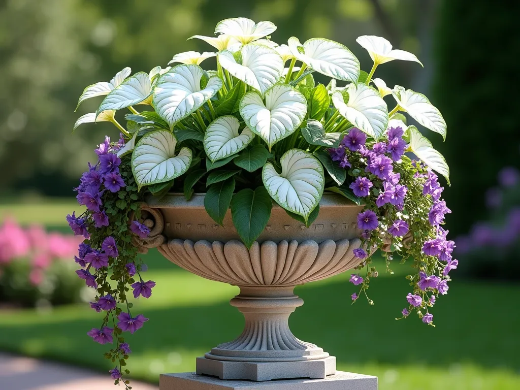 Elegant Victorian Urn with White Caladiums - A stunning ornate Victorian stone urn, photographed in natural sunlight, filled with lush white 'White Queen' caladiums featuring dramatic white leaves with green veining. Cascading purple sweet potato vine drapes elegantly over the sides of the urn, creating a dramatic contrast. Delicate pink begonias bloom throughout, adding soft color accents. The urn sits in a manicured garden setting with soft bokeh background, creating a sophisticated formal garden aesthetic with a modern twist. Photorealistic, high detail, garden photography style.