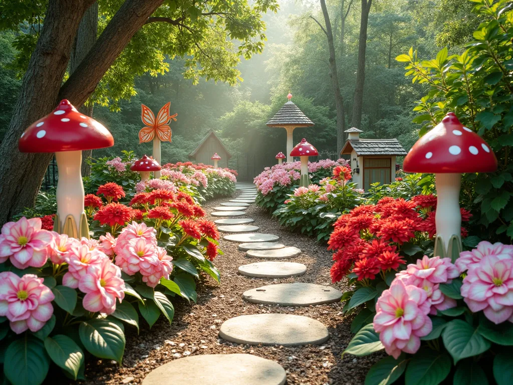 Whimsical Children's Caladium Garden Path - A dreamy garden path designed for children, featuring clusters of pink and white 'Florida Fantasy' and bright red 'Red Flash' caladiums creating magical borders. Stepping stones painted like colorful mushrooms wind through the garden. Charming fairy houses nestle among the leaves, while decorative butterflies on stakes hover above. Soft, natural lighting filters through overhead trees, creating a dappled effect on the vibrant caladium leaves. The scene includes child-sized benches and whimsical garden gnomes, with the caladium leaves appearing extra large from a child's perspective. Photographed at ground level to capture the enchanting atmosphere.