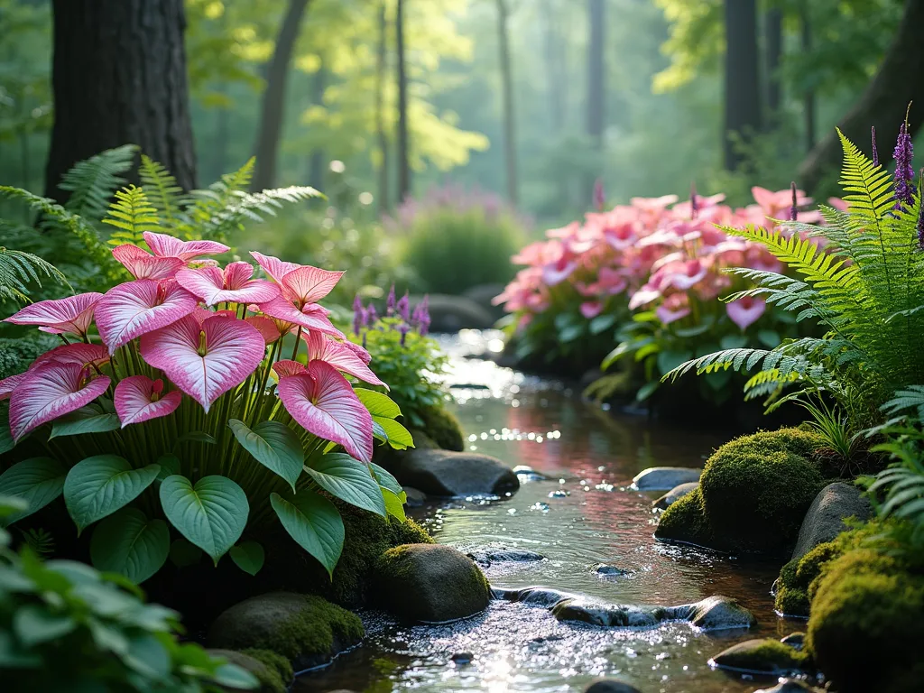 Caladium Stream Garden Retreat - A serene woodland garden scene with a gentle, natural stream meandering through dappled shade. Large clusters of pink and white caladiums with dramatic heart-shaped leaves line the stream's edge, their colors reflected in the crystal-clear water. Native ferns in various shades of green create layers of texture, while Japanese painted ferns add silvery highlights. Natural moss-covered stones border the stream, with occasional purple-flowering hostas providing additional interest. Filtered sunlight creates ethereal spotlights through the tree canopy above, highlighting the caladiums' vibrant foliage. The scene is captured in a dreamy, atmospheric style that emphasizes the lush, peaceful nature of the woodland garden setting.