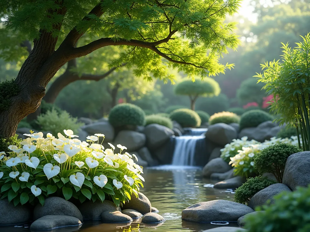 Zen Caladium Garden with Japanese Maple - A serene Japanese garden landscape with elegant white and green caladium plants nestled beneath a graceful Japanese maple tree. A small stone waterfall trickles into a peaceful koi pond, surrounded by smooth river rocks and bamboo stalks. Natural sunlight filters through the maple's leaves, creating dappled shadows on the heart-shaped caladium foliage. The scene is composed with careful attention to balance and harmony, incorporating traditional Japanese garden elements with a modern twist. Photorealistic, high detail, soft natural lighting.