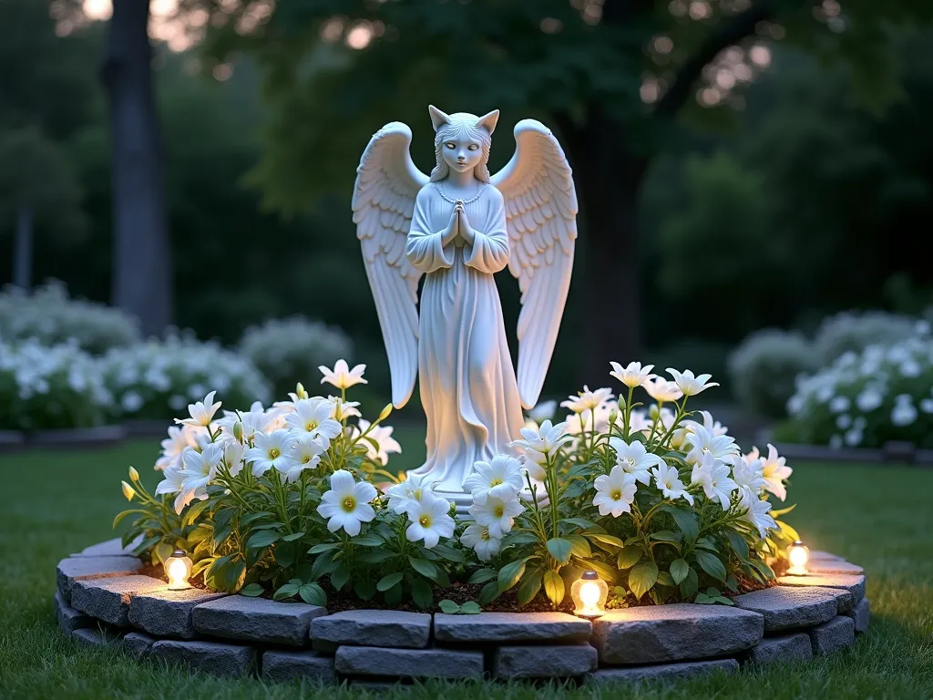 Illuminated Cat Angel Memorial Garden at Dusk - A serene garden scene at dusk featuring a white marble cat angel statue as the centerpiece, wings gracefully spread, positioned on a circular raised garden bed bordered with natural stone. The statue is surrounded by a ethereal arrangement of pure white lilies and climbing roses. Soft solar garden lights illuminate the statue from below, casting a gentle celestial glow that creates dramatic shadows and highlights the angel's features. The surrounding garden bed is layered with white flowering plants, creating a peaceful, monochromatic design. Small crystalline solar lights are scattered throughout the flowers, twinkling like stars. The background shows mature trees softly blurred, and the overall composition is captured from a slightly lowered angle to emphasize the statue's majesty. The scene reflects a perfect balance of reverence, beauty, and peaceful remembrance.