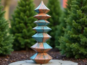 Abstract Garden Totem - Wide-angle shot of a colorful ceramic garden totem standing 6 feet tall, featuring stacked geometric shapes in blues and coppers, set against a backdrop of evergreen shrubs