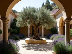 Ancient Olive Tree Feature - Wide shot of a centuries-old olive tree centerpiece in a Mediterranean-style courtyard, surrounded by lavender and rosemary, with dramatic uplighting