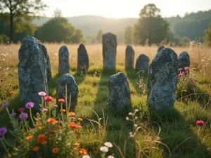 Ancient Stone Circle Feature - Weathered standing stones arranged in a circle, surrounded by wildflowers and grasses, creating a mystical atmosphere in morning light