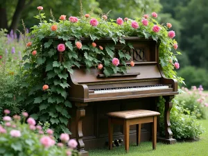 Antique Piano Garden - Side view of an old upright piano transformed into a garden feature, planted with climbing vines and flowering annuals, romantic garden setting