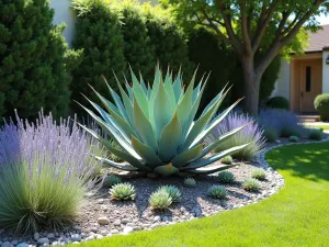 Architectural Plant Centerpiece Garden - Wide-angle view of a modern garden border centered around a dramatic Agave americana, complemented by silver-blue festuca grass, lavender, and geometric-shaped succulents, photographed in bright sunlight