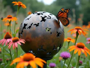 Butterfly Garden Sphere - Close-up of a spherical metal sculpture surrounded by butterfly-attracting flowers including echinacea, butterfly bush, and native wildflowers in full bloom