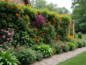 Butterfly Haven Wall - Wide angle view of a vertical garden designed to attract butterflies, featuring native flowering plants like butterfly bush, lantana, and verbena in a naturalistic arrangement