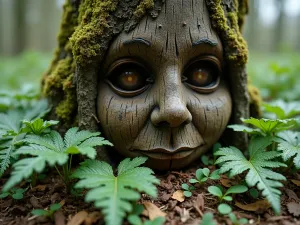 Carved Wood Spirit - Close-up detail of a weathered oak tree trunk carved into a mystical face, surrounded by ferns and woodland plants