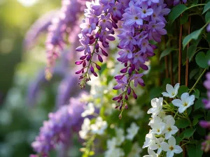 Cascading Flowering Vine Wall - Close-up view of a lush vertical garden with cascading purple wisteria and white clematis blooms, intertwined on copper wire supports, sunlight filtering through the flowers