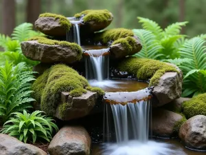 Cascading Stone Water Feature - Natural stone waterfall centerpiece with water trickling over moss-covered rocks, surrounded by ferns and hostas, creating a peaceful woodland atmosphere