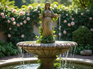 Classical Stone Fountain Figure - Close-up view of a weathered stone classical figure fountain, water cascading gracefully, surrounded by climbing roses and ivy, with dappled sunlight filtering through trees