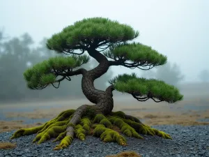 Cloud-Pruned Specimen - Close-up detail of cloud-pruned juniper with artistic branching pattern, surrounded by raked gravel and moss patches, misty morning atmosphere