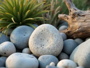 Coastal Rock Garden Display - Close-up of smooth beach stones and weathered driftwood arranged with coastal plants and grasses, creating a seaside garden atmosphere