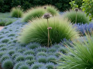 Contemporary Architectural Border - Close-up view of a modern border featuring a sculptural Cardoon as centerpiece, surrounded by structured waves of nepeta, alliums, and blue oat grass, showing strong geometric lines