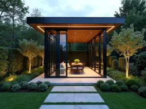 Contemporary Glass Pavilion - Modern glass and aluminum garden pavilion with clean lines, surrounded by sculptural topiary and LED strip lighting along edges, star jasmine climbing supports