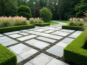 Contemporary Stone Sculpture Garden - Wide-angle view of precisely cut stone blocks arranged in a minimalist pattern, surrounded by structured plantings of ornamental grasses and geometric boxwood shapes