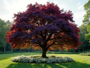 Copper Beech Statement - Majestic copper beech tree with purple foliage as centerpiece, underplanted with white flowering groundcover, dreamy afternoon light