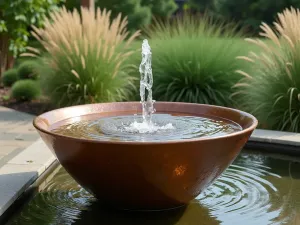 Copper Bowl Fountain - Wide-angle view of a modern copper bowl fountain with a gentle water bubble effect, set against a backdrop of ornamental grasses and black mondo grass