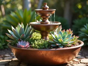 Industrial Chic Metal Fountain Planter - Close-up of a repurposed copper fountain filled with architectural succulents and drought-tolerant plants, featuring echeveria, agave, and sedum, dramatic afternoon lighting