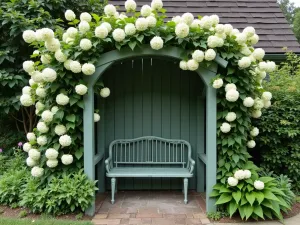 Cottage Garden Arbor - A charming wooden arbor painted in sage green, covered with climbing hydrangea and sweet peas, with a vintage metal bench underneath