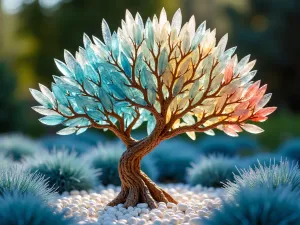 Crystal Glass Tree Installation - Close-up of an artistic tree sculpture made from recycled glass and crystal, catching sunlight and creating rainbow reflections, set among white pebbles and blue fescue grass