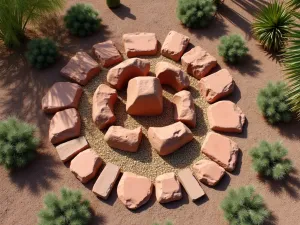 Desert Stone Arrangement - Aerial view of a striking southwestern garden centerpiece featuring red sandstone boulders arranged in a spiral pattern, surrounded by desert plants and colored gravel