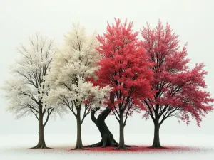 Dogwood Through Seasons - Wide panoramic view showing flowering dogwood's seasonal changes: white spring flowers, summer berries, fall burgundy leaves, and winter branching structure