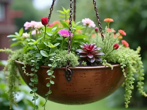 Floating Copper Bowl Garden - Close-up of a large hammered copper bowl suspended by chains, filled with trailing plants and flowering specimens, creating a hanging garden effect