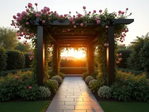 Floating Pergola Garden Room - Modern floating pergola structure with clean lines, serving as garden centerpiece with climbing roses and wisteria, viewed from ground level at sunset