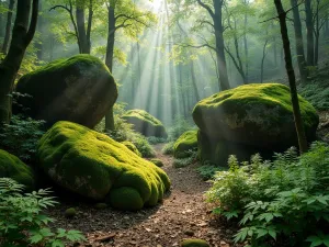 Forest Boulder Grove - Wide-angle view of moss-covered boulders nestled in a shaded woodland setting, surrounded by native ferns and woodland flowers, filtered sunlight creating natural spotlights