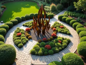 Four-Season Garden Sculpture - Aerial view of a modern metal sculpture garden centerpiece with four distinct sections representing each season, surrounded by corresponding seasonal plantings in a circular design