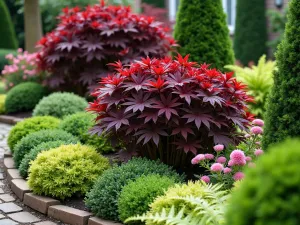 Four-Season Mixed Border Close-up - Close-up perspective of a mixed border featuring a deep burgundy Japanese Maple as focal point, surrounded by evergreen boxwoods, flowering hellebores, and autumn ferns, showing rich textural contrasts