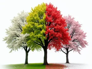 Four Seasons Crabapple - Wide angle view of ornamental crabapple tree through four seasons in one composite image, showing spring flowers, summer fruits, fall colors, and winter silhouette