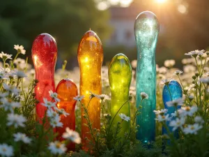 Glass Garden Totems - Close-up of colorful recycled glass garden totems catching morning light, creating rainbow reflections among white flowering perennials