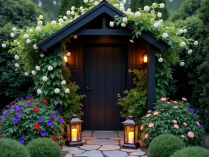 Gothic Revival Structure - Dramatic aerial shot of a pointed-arch garden structure in dark painted wood, with climbing moonflowers and morning glory, lanterns with flickering LED candles