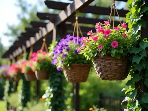 Hanging Basket Symphony - Looking up at a dramatic arrangement of hanging baskets at varying heights, filled with cascading petunias, lobelia, and trailing ivy, against a pergola structure