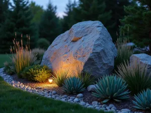 Illuminated Boulder Garden Centerpiece - A large, weathered granite boulder surrounded by ornamental grasses and small succulents, illuminated by subtle ground lighting casting dramatic shadows at dusk, photorealistic garden scene