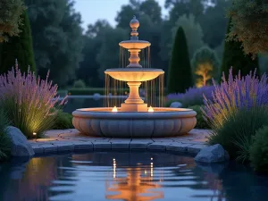 Illuminated Garden Fountain at Dusk - A stunning stone fountain centerpiece illuminated by soft uplighting at dusk, surrounded by flowing ornamental grasses and lavender, creating magical reflections in the water, photorealistic