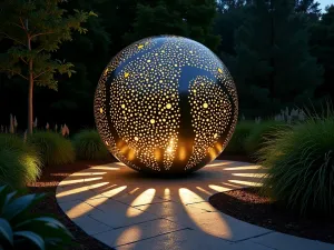 Illuminated Steel Sphere - Night scene of a large perforated steel sphere sculpture with internal lighting creating intricate shadow patterns on surrounding garden paths and plants