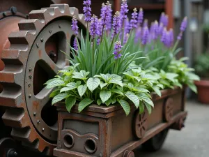 Industrial Gear Container Garden - Close-up of a large vintage industrial gear transformed into a planter, filled with silver-leaved plants and purple flowering specimens, industrial style setting