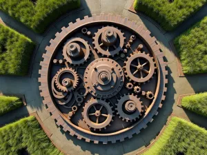 Industrial Gear Installation - Aerial view of large vintage industrial gears arranged in a circular pattern, surrounded by geometric plantings of ornamental grasses