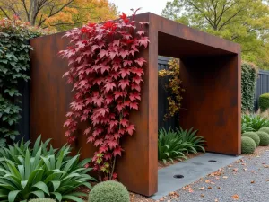 Industrial Steel Structure - Close-up of a weathered corten steel geometric garden structure, with climbing virginia creeper turning red in fall, modern spotlights embedded in ground