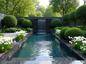 Infinity Edge Pool Feature - Wide-angle view of a modern infinity edge water feature with black granite facing, surrounded by structured boxwood spheres and white agapanthus flowers