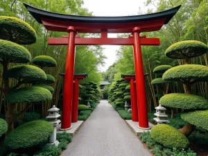 Japanese Garden Structure - Wide angle view of a traditional Japanese torii-inspired garden structure in dark red, surrounded by cloud-pruned bushes and bamboo, stone lanterns at base