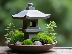 Oriental Stone Lantern Garden - Close-up of a traditional stone lantern surrounded by Japanese forest grass, moss, and dwarf conifers in a ceramic container, zen-inspired design